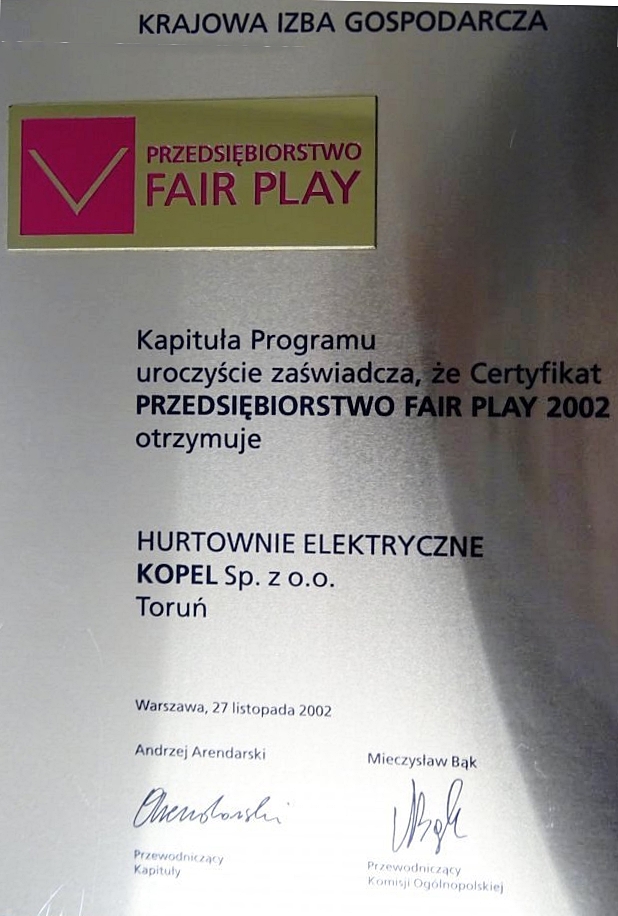 Certyfikat Przedsiębiorstwo Fair Play 2002